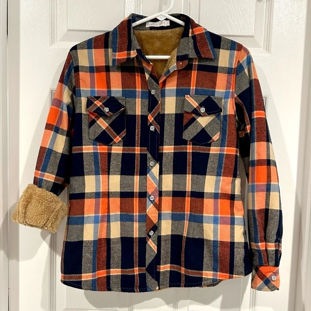 Boys Plaid Flannel Fleece Jacket Sz XXL Button Up Warm Collar Blue Tan Orange